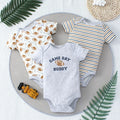 3PCS Summer Baby Bodysuit Three piece Set with Cartoon Dinosaur Pattern and Stripe Pattern Button Design for 0-9 Months Old Boys