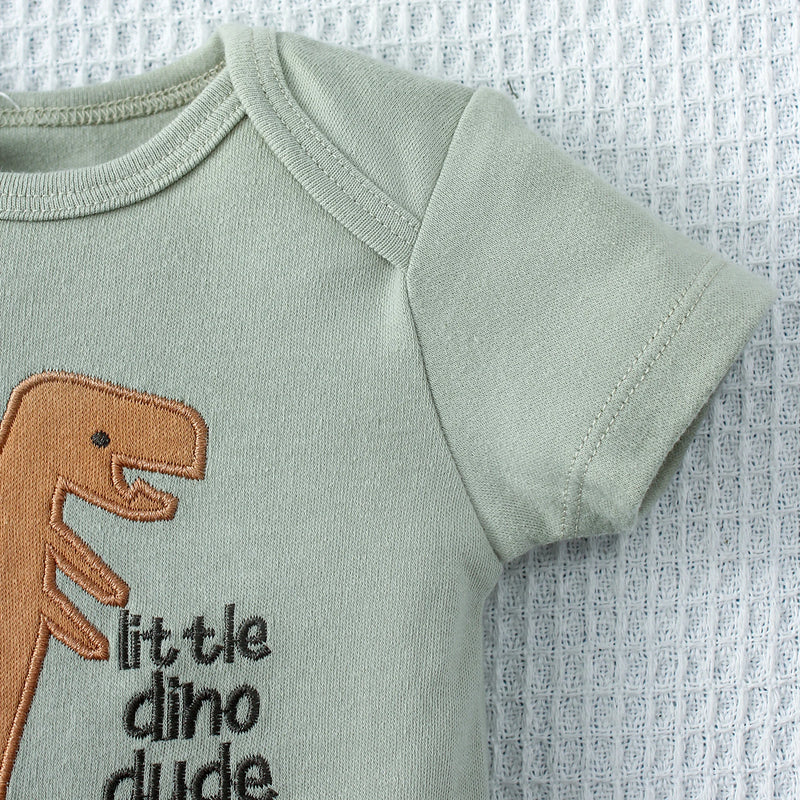 3PCS Summer Baby Bodysuit Three piece Set with Cartoon Dinosaur Pattern and Stripe Pattern Button Design for 0-9 Months Old Boys