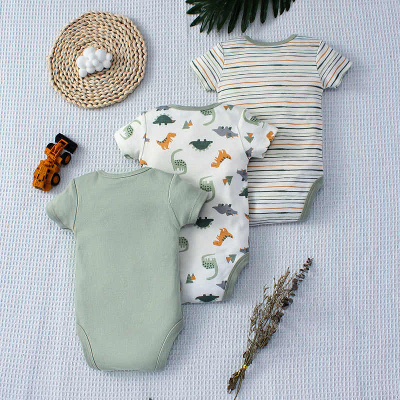 3PCS Summer Baby Bodysuit Three piece Set with Cartoon Dinosaur Pattern and Stripe Pattern Button Design for 0-9 Months Old Boys