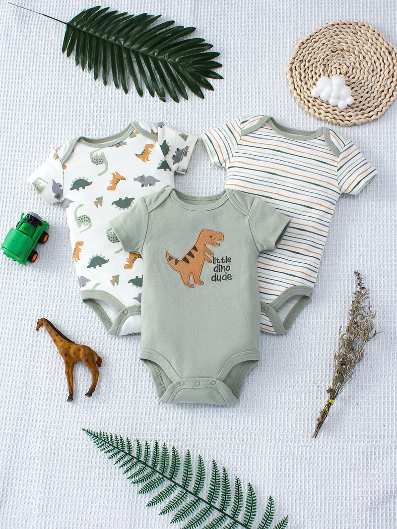 3PCS Summer Baby Bodysuit Three piece Set with Cartoon Dinosaur Pattern and Stripe Pattern Button Design for 0-9 Months Old Boys