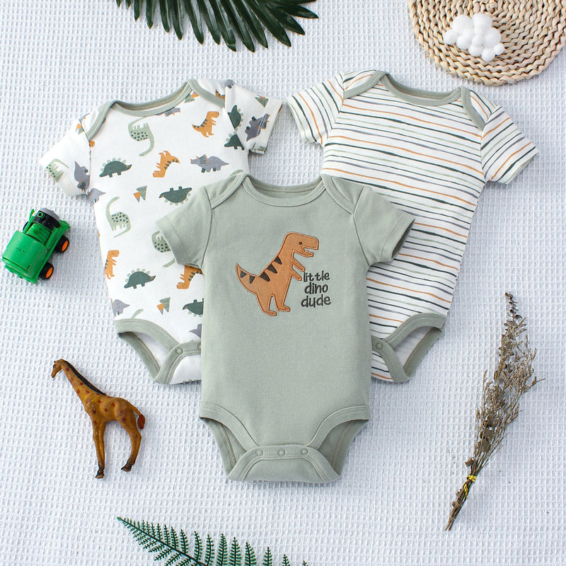 3PCS Summer Baby Bodysuit Three piece Set with Cartoon Dinosaur Pattern and Stripe Pattern Button Design for 0-9 Months Old Boys