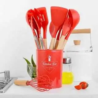 kit de cozinha em silicone com cabo de madeira - Praticidade e elegância!